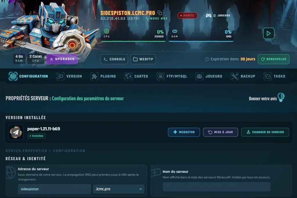 Nouveau panel Location Minecraft 2026