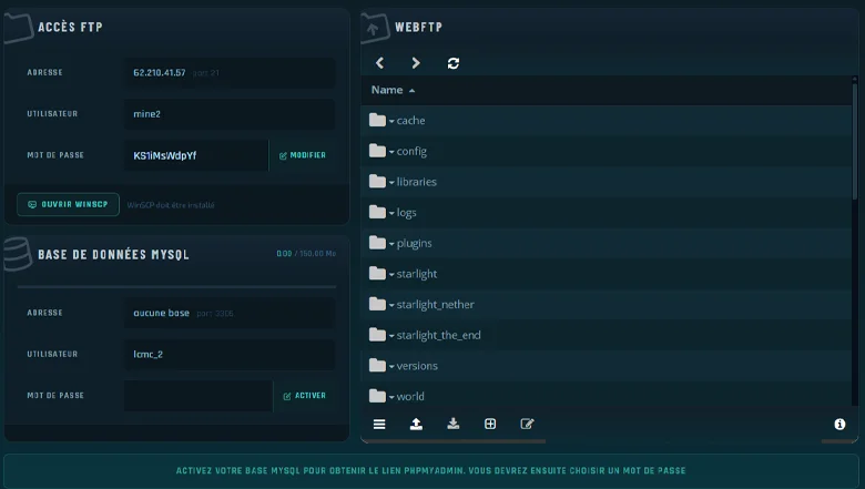 Page WebFTP et accès FTP/MySQL