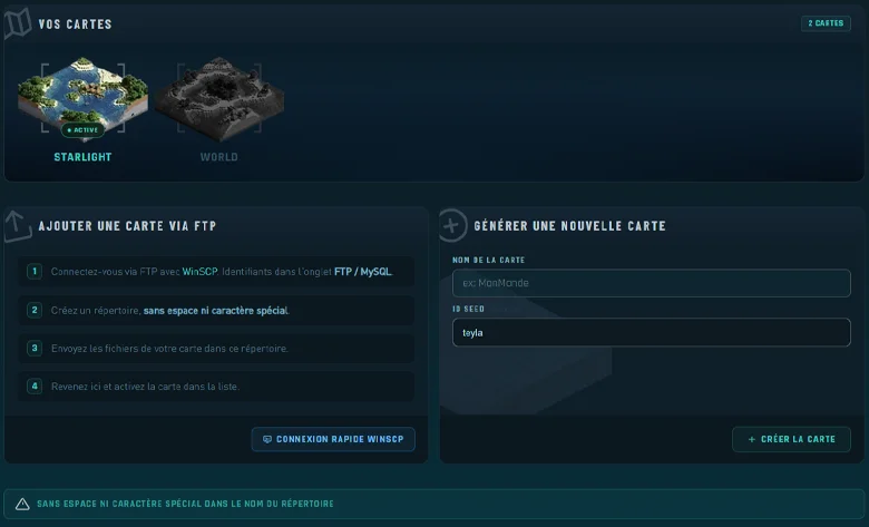 Page de gestion des cartes du serveur Minecraft