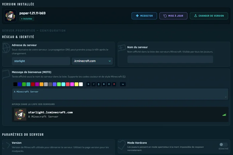 Page de configuration du serveur Minecraft