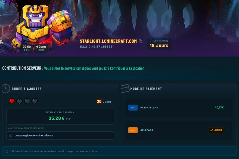 Page de donation pour un serveur Minecraft