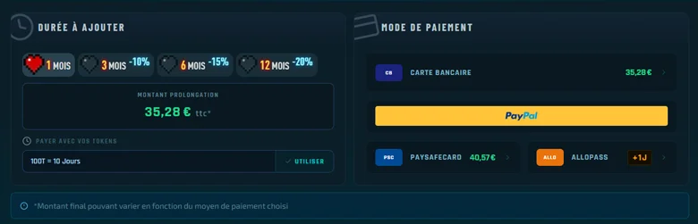 Page de renouvellement du serveur Minecraft