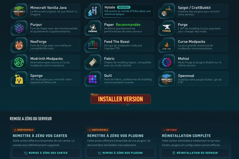 Page de gestion des versions du serveur Minecraft
