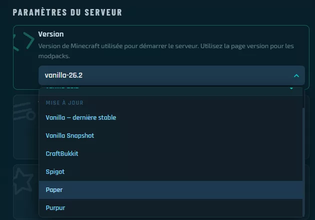 Panneau de configuration du serveur
