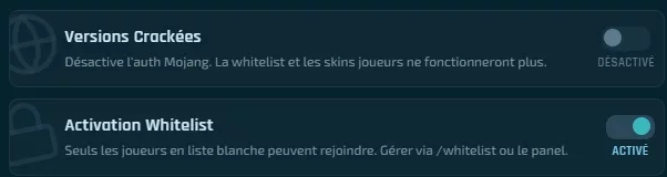 Image des paramètres avec Online Mode désactivé et White List activée