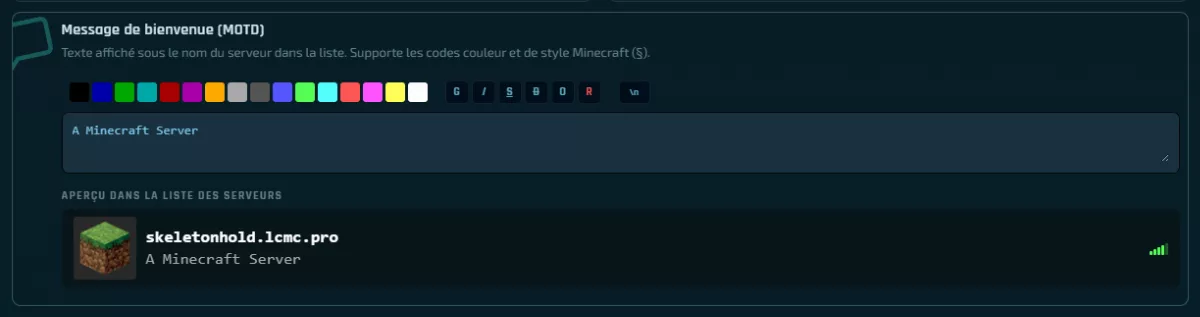 Panneau de configuration Minecraft