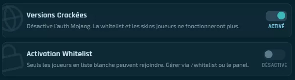 Image des paramètres avec Online Mode activé et White List désactivée