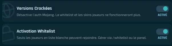 Image montrant les paramètres de la White List activée avec Online Mode